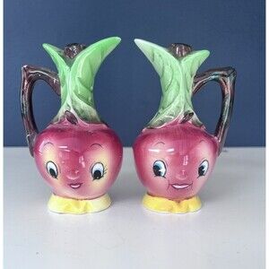 Anthropomorphic Beets Radishes Face Salt Pepper Decanter Vtg Shakers Red Novelty